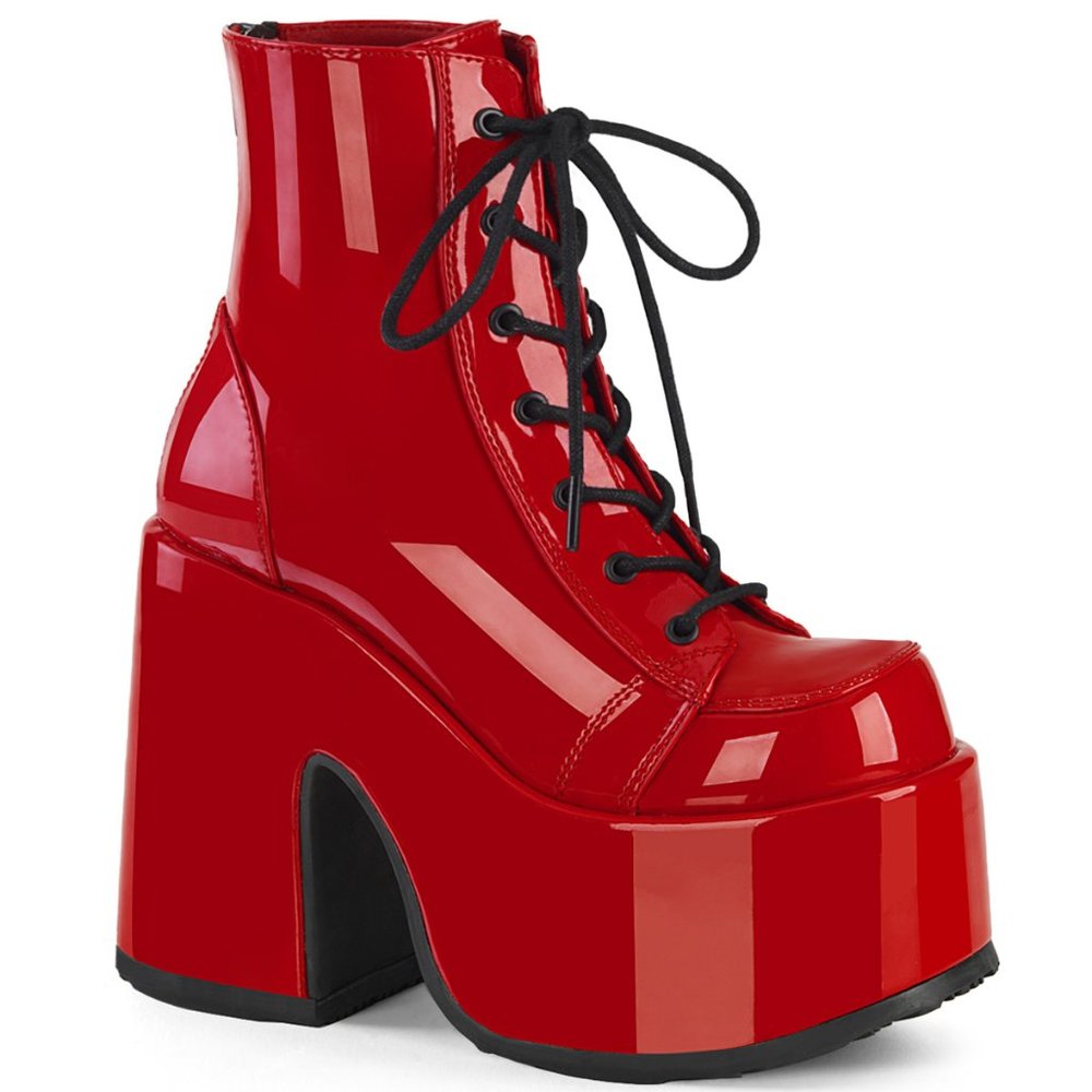 Demonia Camel 203 Red Patent Platform Ankle Boots
